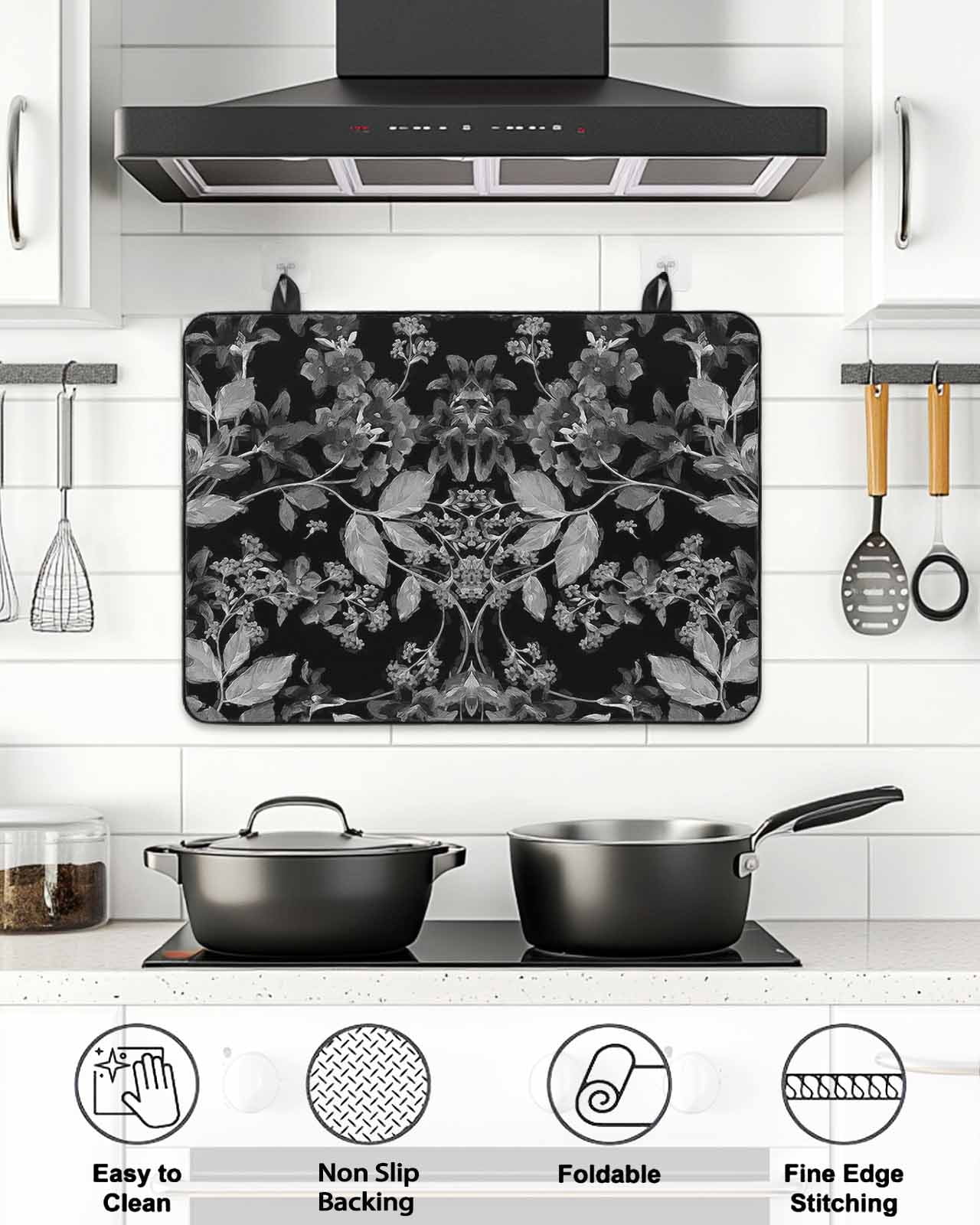 Stove Top Covers for Electric Stove, Black and White Floral Glass Stovetop Cover Protector, Modern Oil Painting Abstract Art Induction Cooktop Protector Oven Mat for Kitchen Countertop 24"x21"