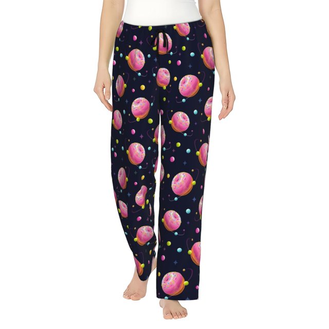 Balery Cartoon Donut Planets Pantalones de pijama para mujer, pijamas ultraligeros, pantalones de estar por casa-Large