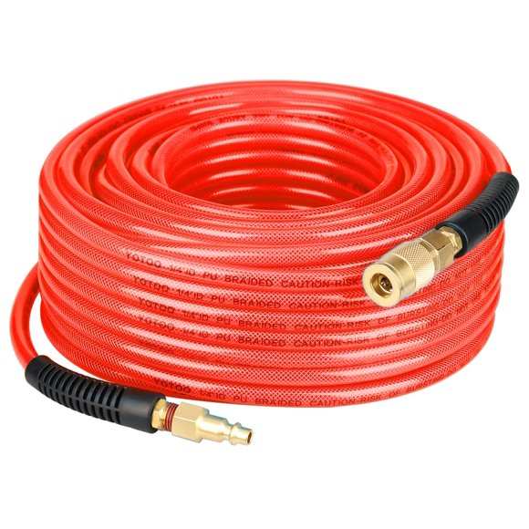YOTOO Reinforced Polyurethane Air Hose 1/4" Inner Diameter by 100' Long, Flexible, Heavy Duty Air Compressor Hose with Bend Restrictor, 1/4" Swivel Industrial Quick Coupl