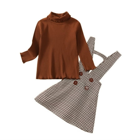 

Toddler Kids Baby Girls Solid Color Long Sleeve Ribbed Tops Plaid Suspender Skirt 2PCS