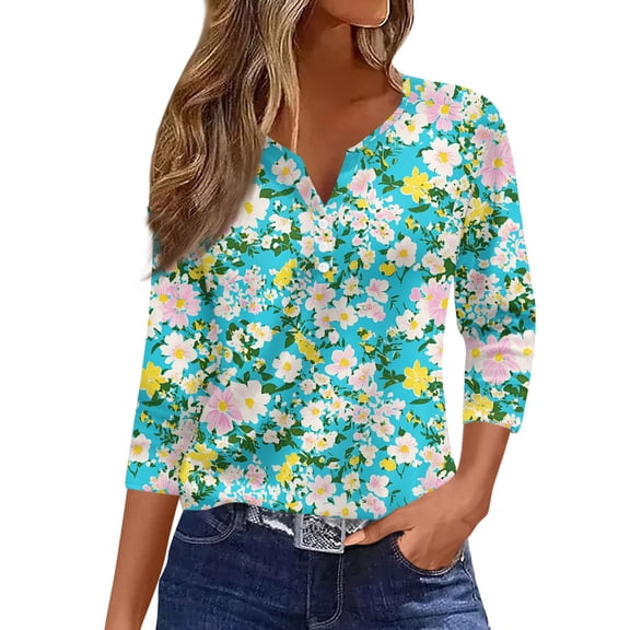 WTOBBY Ladies Casual Fashion V-Neck Top Featuring Floral Print, Loose Fit, and 3/4 Sleeve, Great for Spring Fall Transitions, Weekend Activities, and Daily Wear,Cyan L