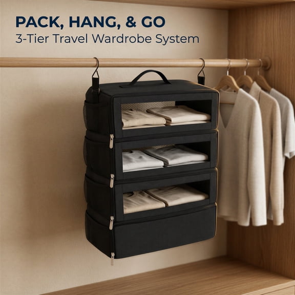 Portable Hanging Clothes Storage Bag, Multi-Layer Oxford Cloth Organizer for Travel, Cruise, Suitcase, Adjustable Hooks, Transparent Pockets, Zippered Bottom Pocket, Compact Design, Black