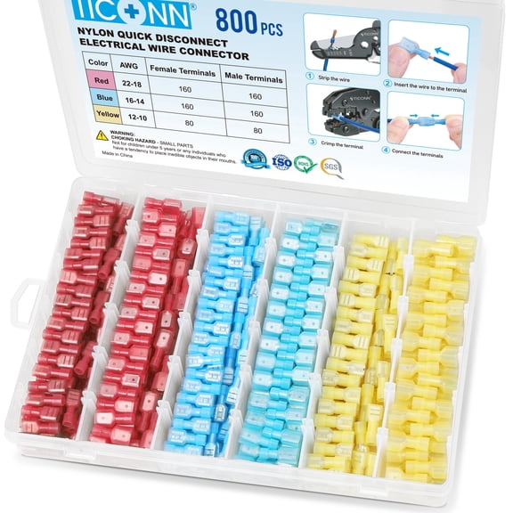 TICONN 800pc Nylon Spade Quick Disconnect Connectors Kit, Wire Crimp Terminals