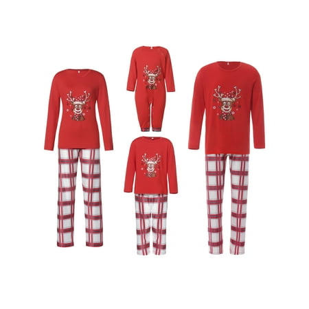 

Calsunbaby 2PCS Adult Men Women Kids Baby Boys Girls Christmas Family Pajamas Set Cartoon Deer Print Long Sleeve O-neck Tops+Plaid Print Trousers/Romper
