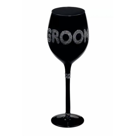 Bachelor Party Groom Just Married Silver Glittered Black Wine Glass