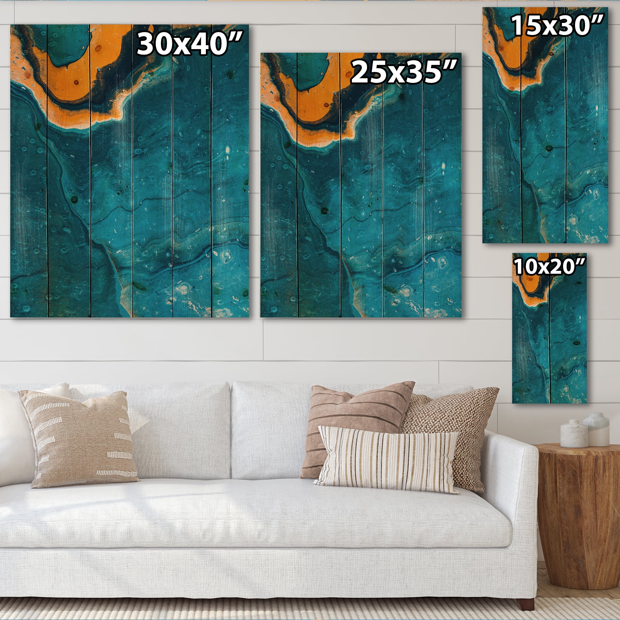Designart 'Abstract Marble Composition In Orange and Blue III' Modern Print on Natural Pine Wood
