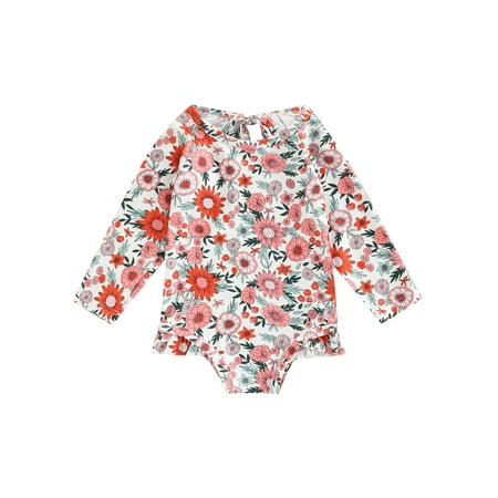 

Baby Girl Swimsuit Rashguard Swimwear Long Sleeve Ruffle Zipper One-Piece UPF 50+ Sun Protection Bathing Suit