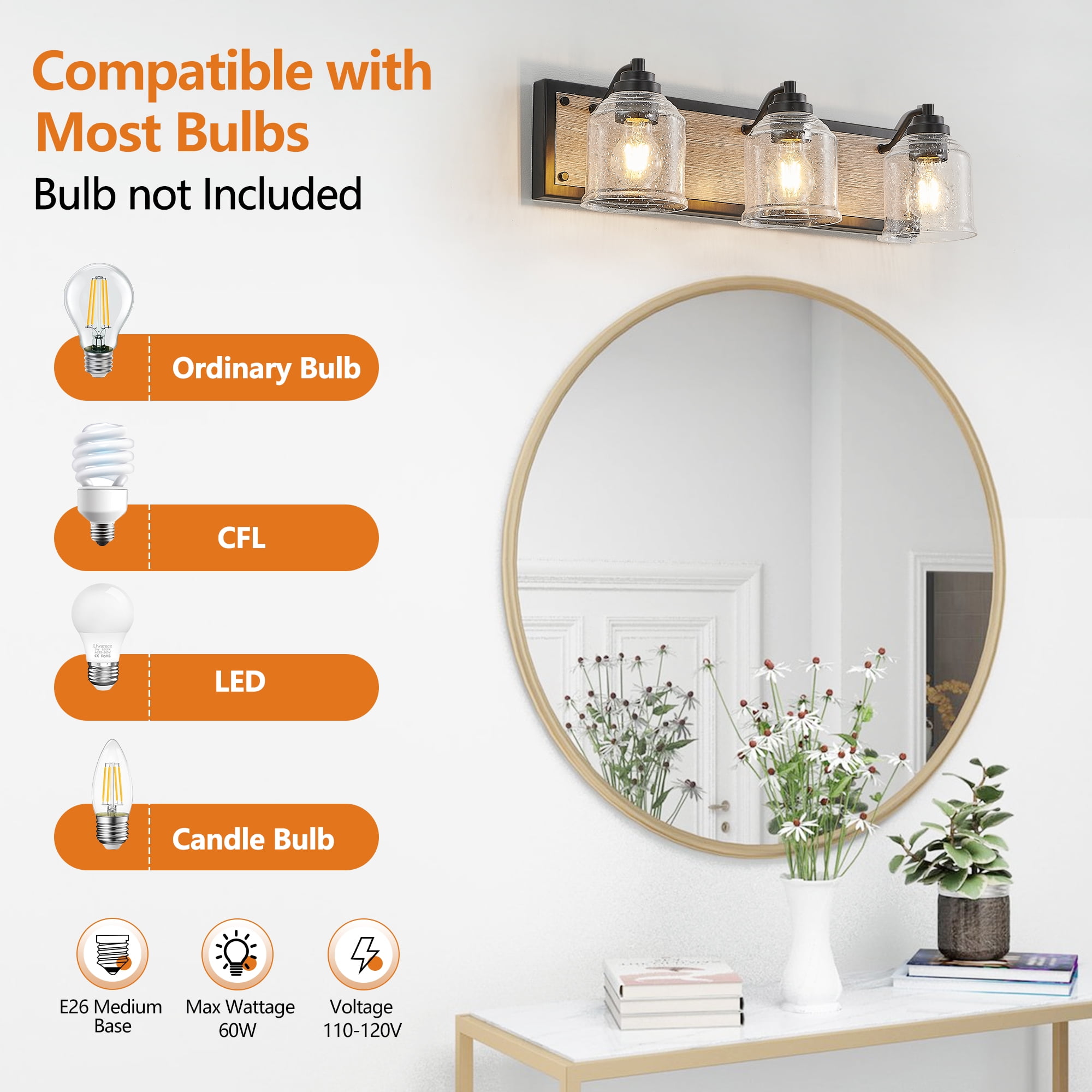 3-Light Farmhouse Bathroom Vanity Light, Brown Metal Vanity Light with Glass Shades,Rustic Wall Sconce Lighting Fixtures Over Mirror for Barhroom,Kitchen 23in