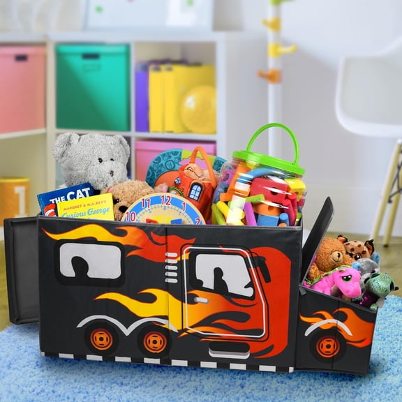Large Toy Box for Boys with Flip Lid & Lights , Foldable Sturdy Storage Organizer Decorative Bins for Kids Nursery Bedroom Playroom