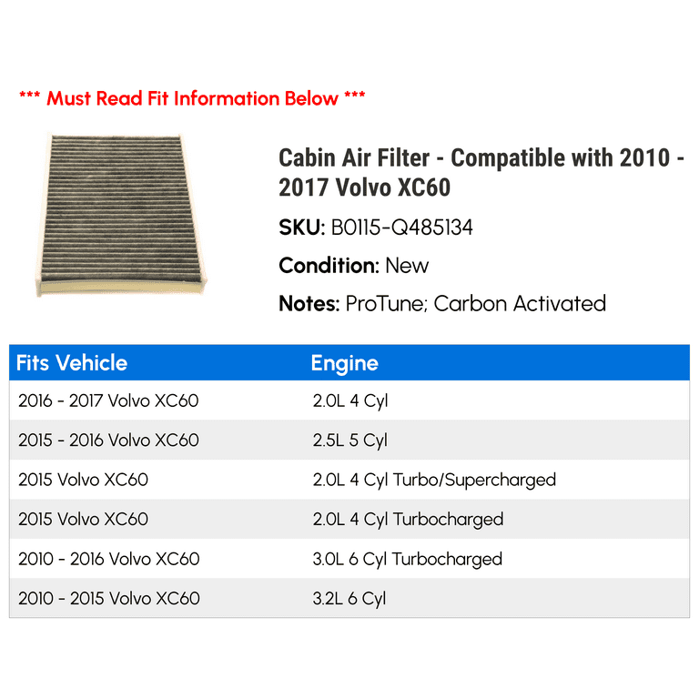 Cabin Air Filter - Compatible with 2010 - 2017 Volvo XC60 2011 2012 2013 2014  2015 2016 