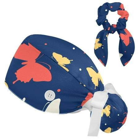 

Working Cap with Buttons and Sweatband Scrub Hat Bouffant Caps with Scrunchie Butterfly Tie Back Hats