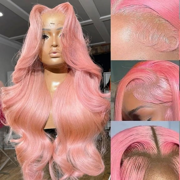 ANDRIA 13x4 HD Lace Front Wigs 28 Inches Pink Body Wave Long Glueless Lace Frontal Wigs Pre-plucked Hairline Synthetic Lace Front Wig With Baby Hair Heat Resistant Fiber Hair Wigs For Women