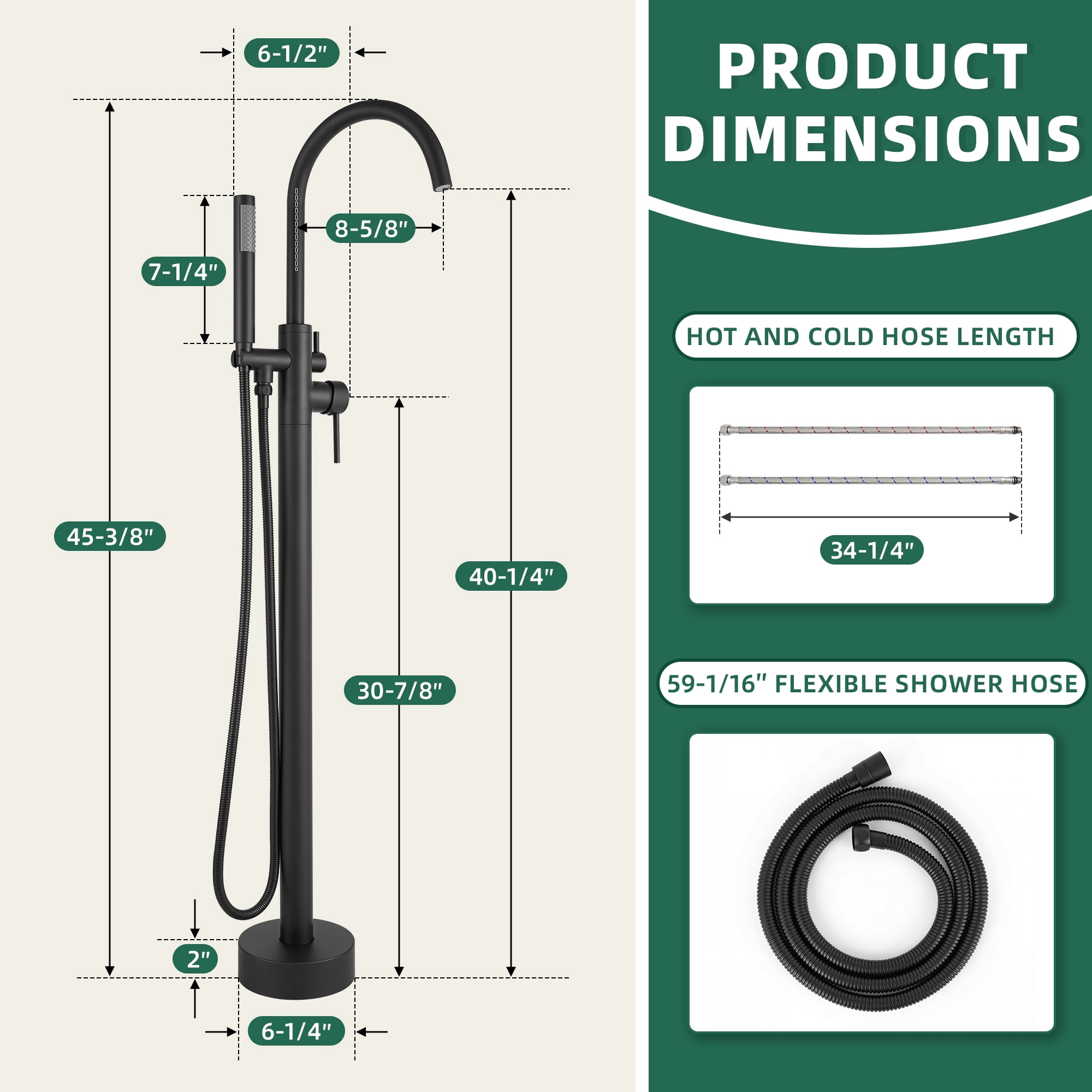 Free Standing Tub Faucet, High Flow Freestanding Bathtub Faucet with Handheld Shower & Gooseneck Spout, 360°Swivel Tub Filler, Brass Body, Matte Black
