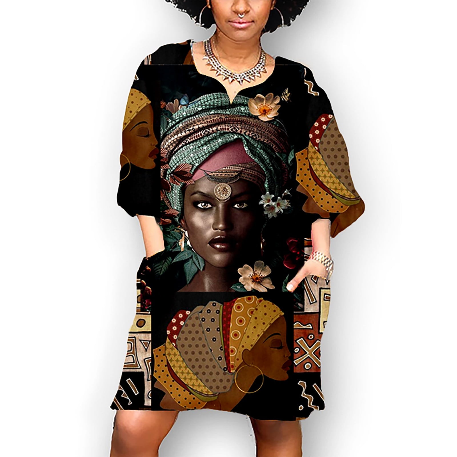Puntoco Clearance Women African Vintage Print Middle Sleeve V Neck ...