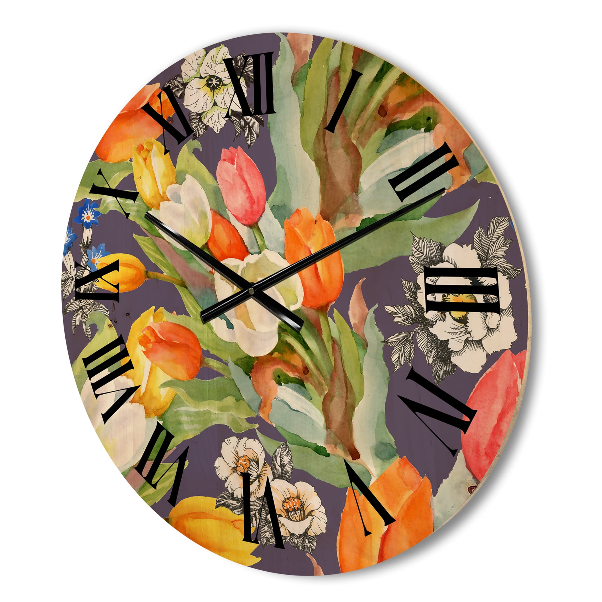 Designart 'Blooming Orange and White Tulips III' Traditional Wood Wall Clock