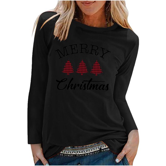 Camisas Navideñas Para Mujer Tops de Manga Larga Blusa de Cuello Redondo Con Estampado de Letras de Árbol de Navidad Para Mujer Odeerbi ODB208408