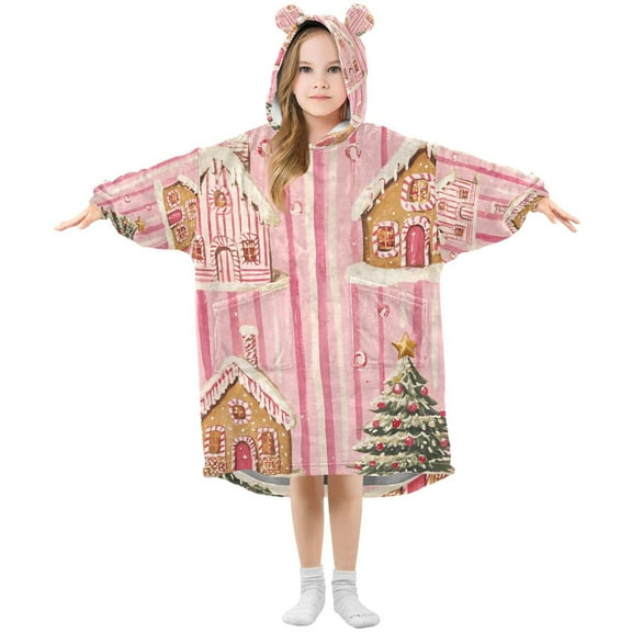 FORMRS Wearable Blanket Hoodie with Sleeves for Kids Cozy Flannel Sweatshirt, Gingerbread Houses