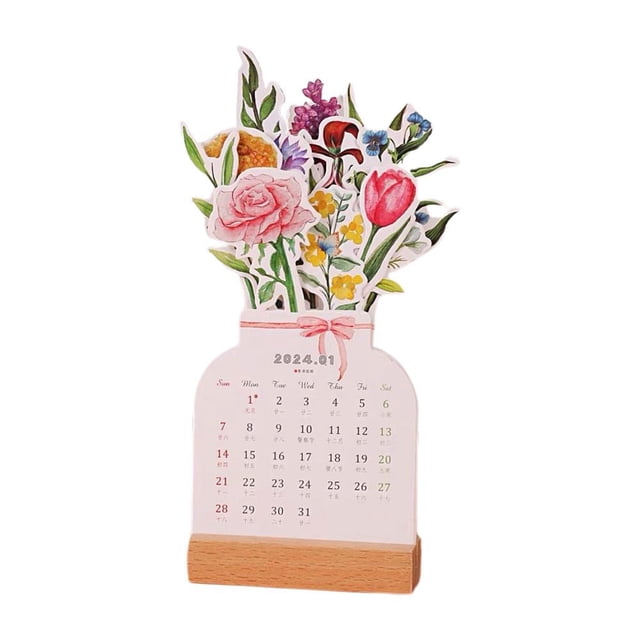 Ruifaya Calendario de escritorio con flores florecientes 2024, planificador mensual de Año Nuevo con forma de jarrón único, calendario con temática de flores, bonita decoración floral para escritori