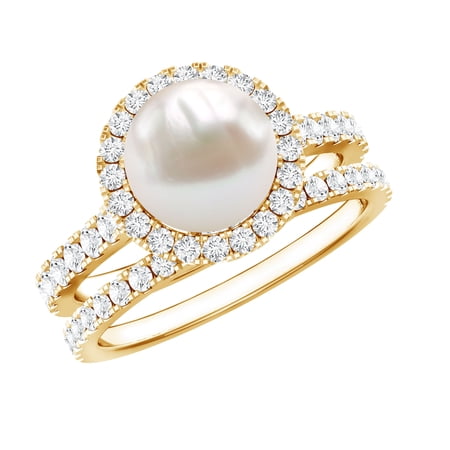 Rosec Jewels Natural Freshwater Pearl Engagement Ring Set of 2 - Halo Engagement Ring with Wedding Band - AAA Quality 10K Yellow Gold US 7.50