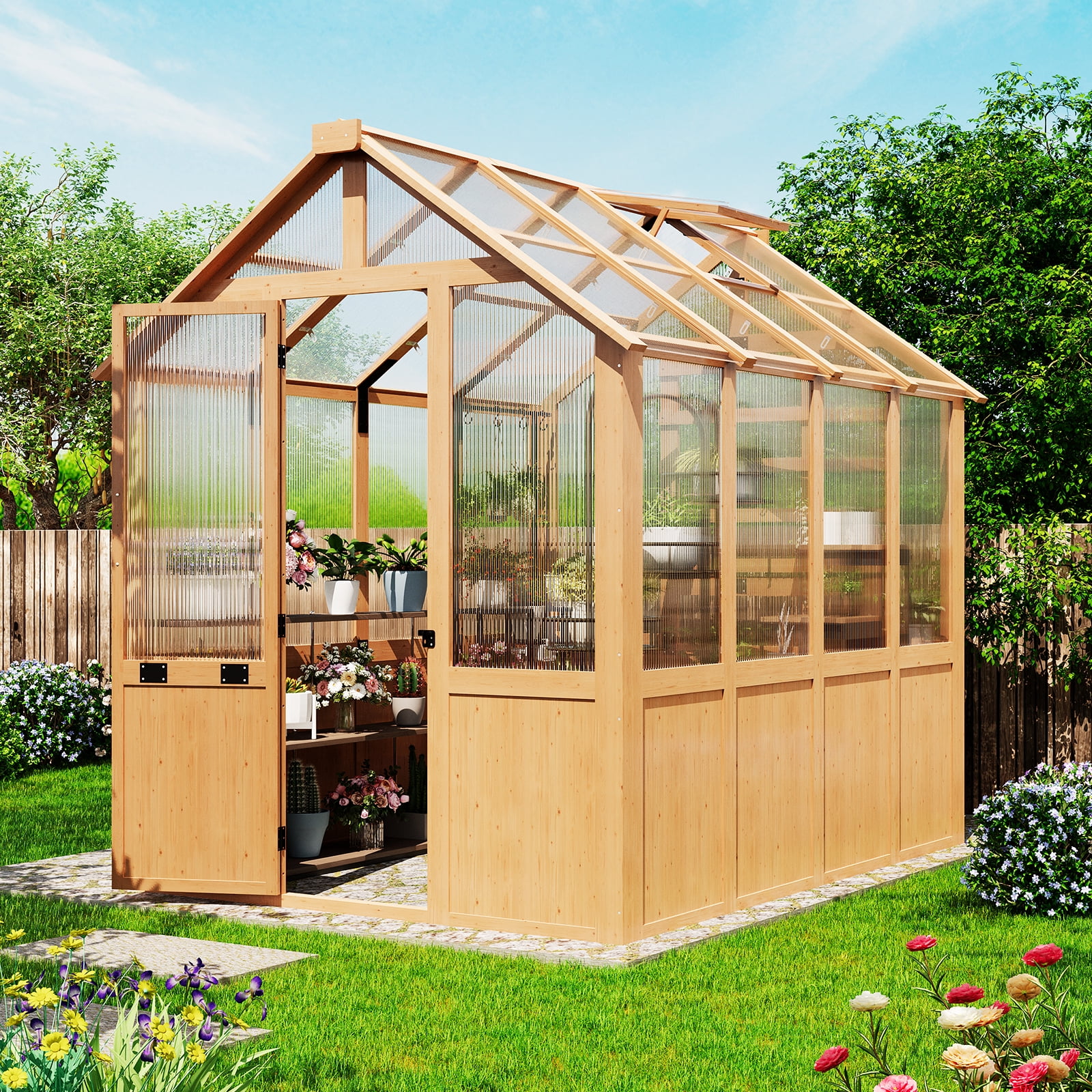 Erommy 6'x8' Outdoor Wooden Greenhouse, Walk-in Green House with Thickend PC Panel, Adjustable Windows, 12/16 Plant Hooks and Lockable Door for Garden,Backyard