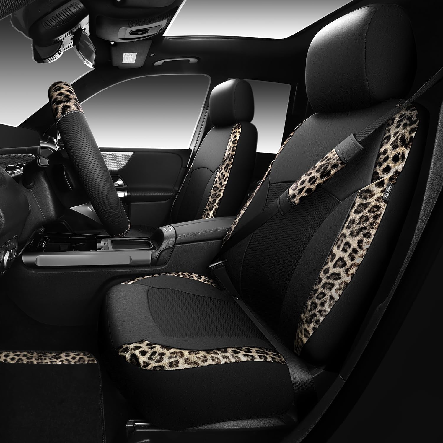 CAR PASS Leopard Print Faux Leather Car Seat Covers & Leopard Car Mats&Leopard Steering Wheel Cover Seat Belt Pad Universal Car Accessories for SUV,Van,Saden,Truck Automobile Interior Sets