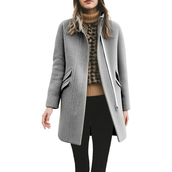 Women's Long Coat Classic Front Zip Casual Blended Wool Coat With winter coats for women