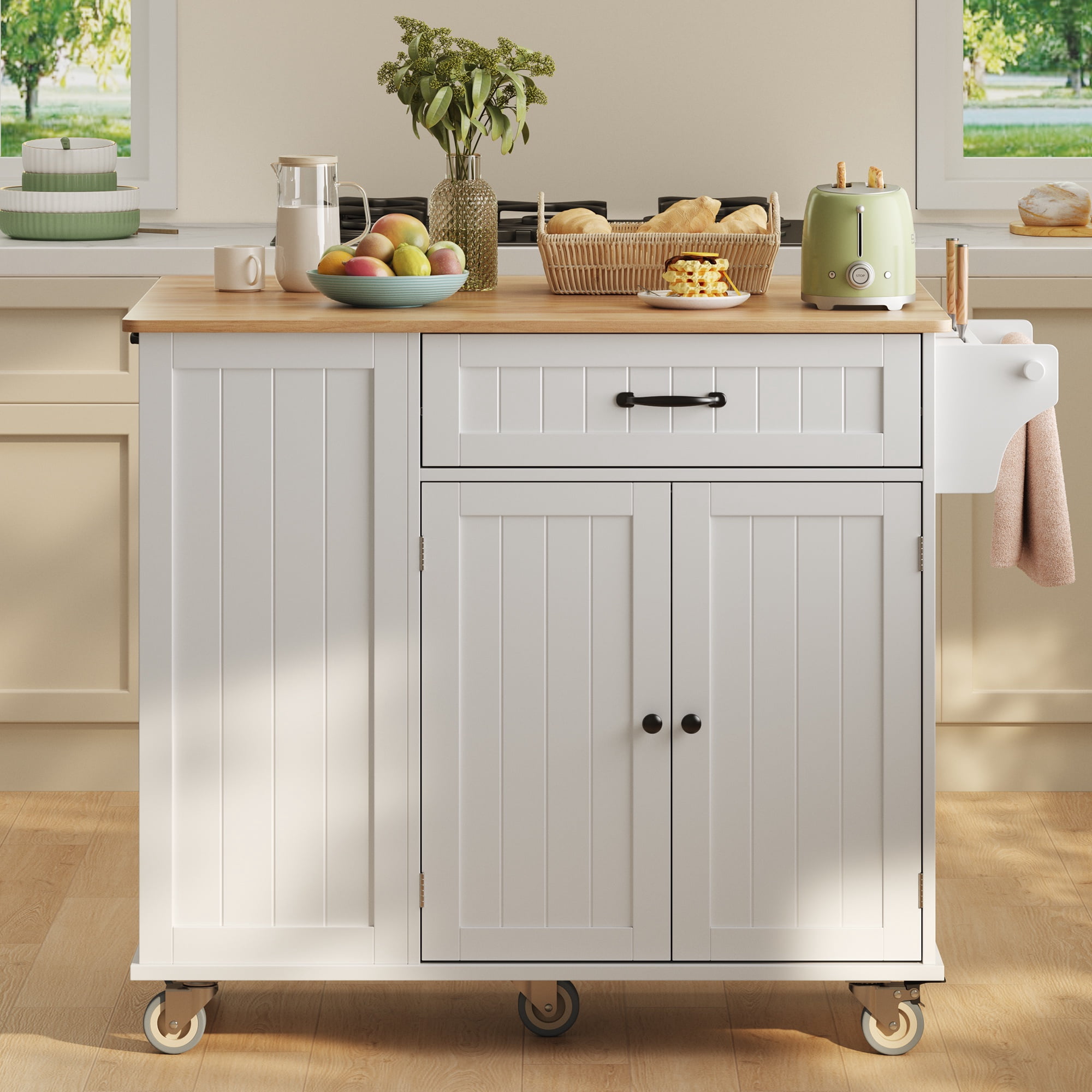 Noelse Large Kitchen Island Cart with Trash Can Storage, Rolling Kitchen Island on Wheels with Drop Leaf, White