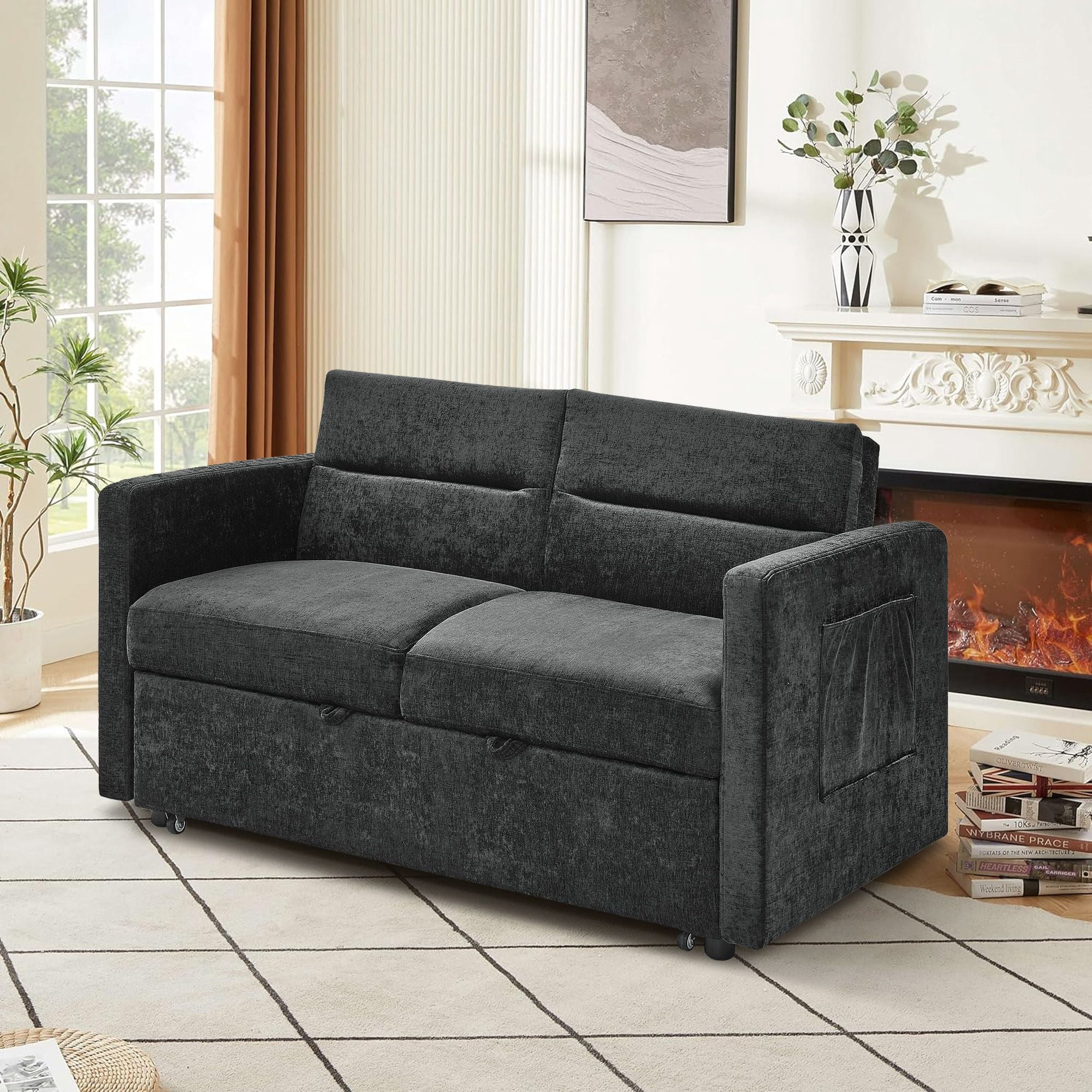 DEALTOPS Convertible Pull Out Sofa Bed, Adjustable Loveseat Sleeper with Side Pockets, Black