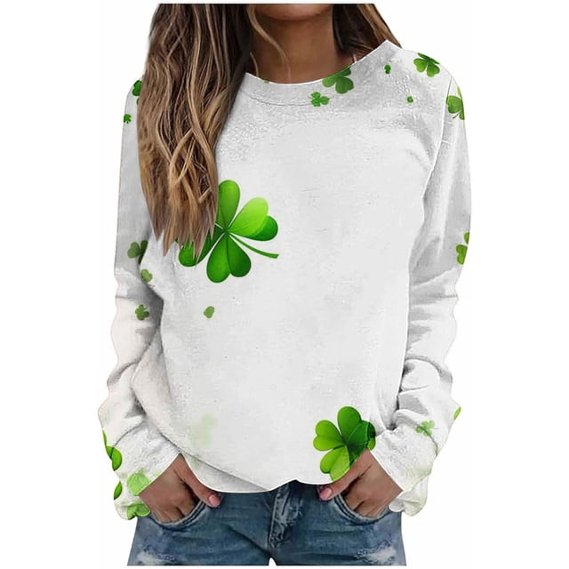 Diufon Chandails en Molleton à Col Rond pour Femmes pour la Saint-Patrick Décontracté Basique Trèfle Manches Longues