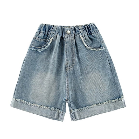 Gelikeya Girls Baggy Jean Shorts Retro Washed Denim Shorts Straight Leg Y2k Baggy Denim Shorts Back To School Dailywear Blue, 5-6 Years