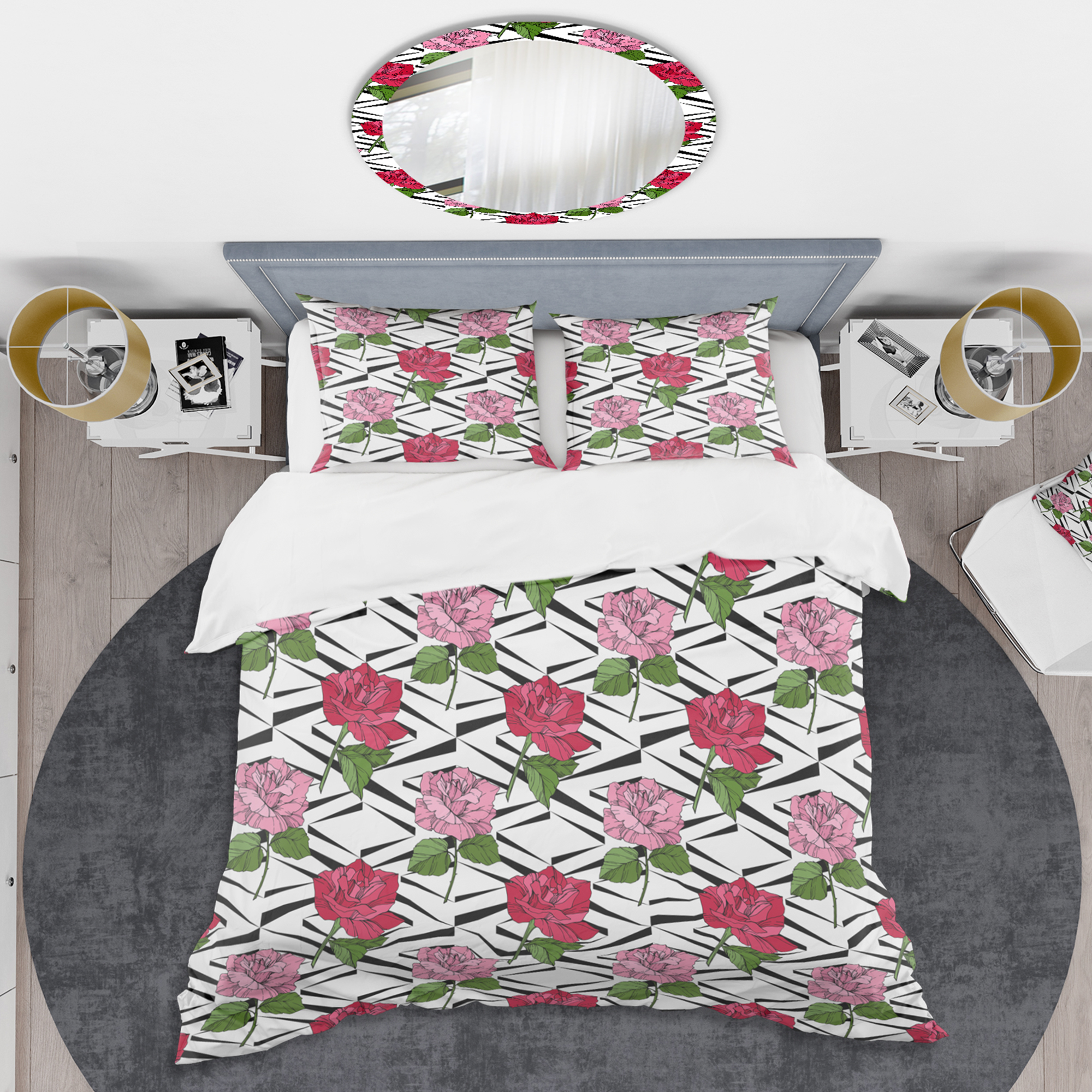 Designart 'Retro Pink And Red Roses' Mid-Century Modern Duvet Cover Set
