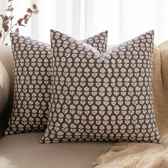 Block Print Pillow Covers 18x18 Inch Set of 2, Vintage Floral Throw Pillow Cases Neutral Linen Farmhouse Cushion Covers for Couch Sofa Bed Chair Living Room, Brown