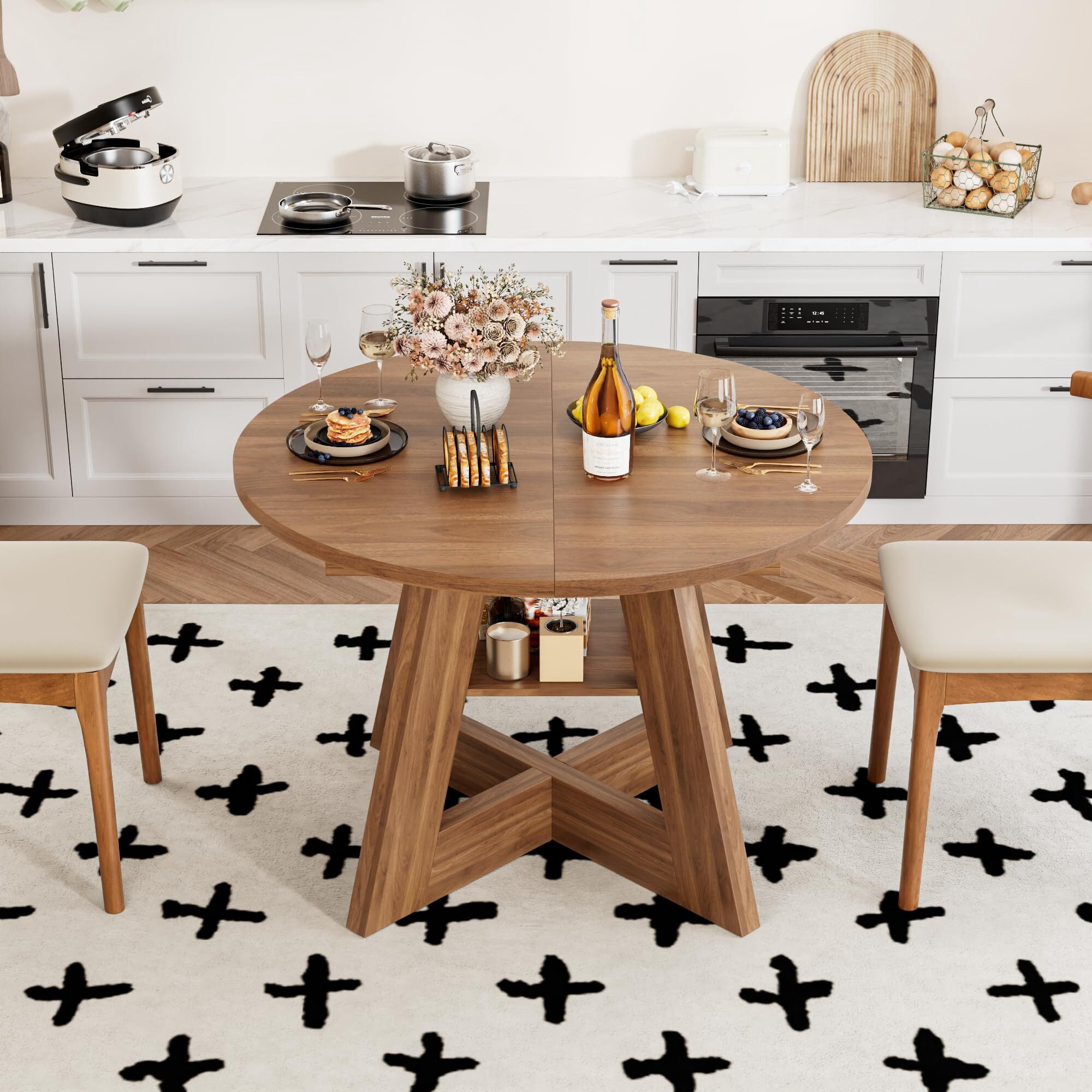Fsbecl Mid Century Modern Extendable Round Dining Table 43.3in-59in for 4-8, Wooden Kitchen Dining Table, Walnut