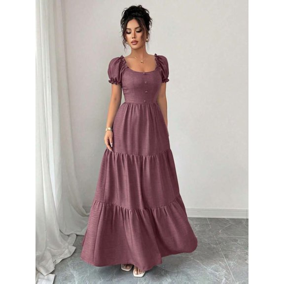 Womens Dusty Pink Square Neckline Tiered Maxi Dress Puff Sleeve Boho Style