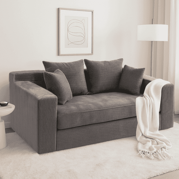 3-in-1 Convertible Sofa: 54 inch Boneless Loveseat Sleeper with 4 Pillows for Bedroom, No Assembly, Gray