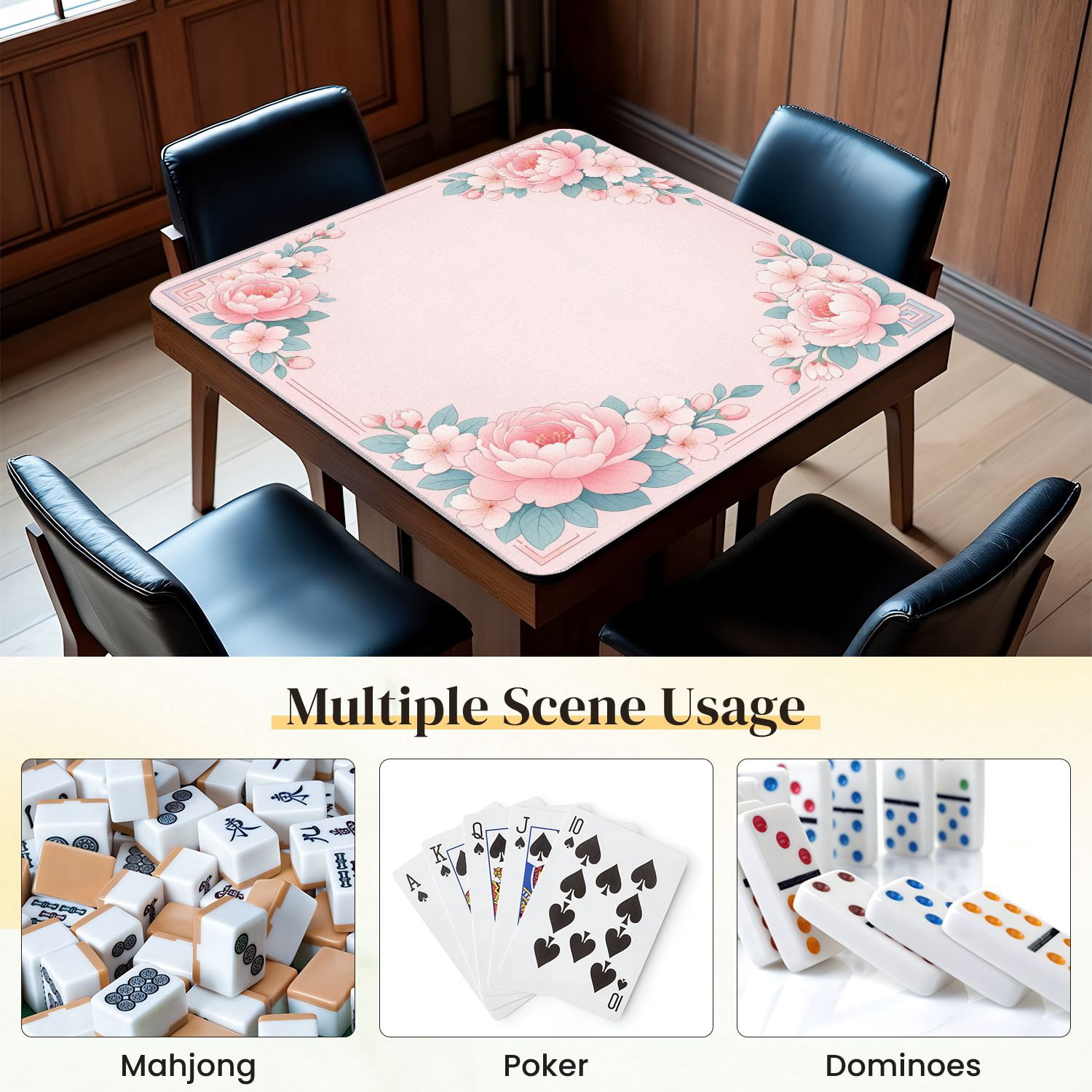 Mahjong Mat 31.5" x 31.5" Delicate Floral Frame Pink Peonies Blossoms Soft Pink Non-Slip Noise Reduction Mahjong Tiles Table Cover for Dominoes Poker Card Board and Tile Games
