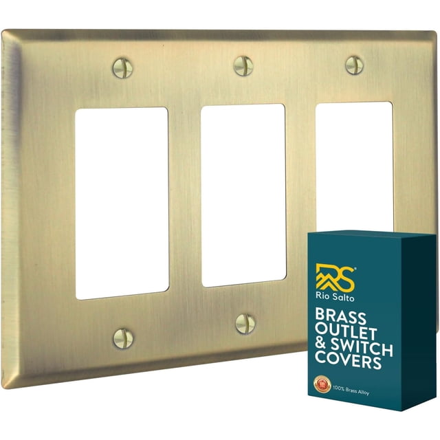 Rio Salto BRASS Signature Collection Standard Size Vintage Gold Triple Rocker Light Switch Metal Wall Plate Outlet Cover Wall Plate Receptacle Wallplate Covers Matte Brass (Rocker, 3-Gang)