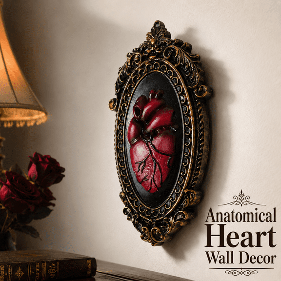 MORAVE Red Resin 3D Anatomical Heart Wall Sculpture, Gothic Victorian Hanging Art with Antique Gold Oval Frame for Hallway Living Room Bedroom