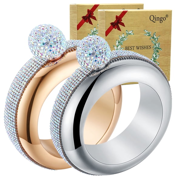 Qingo Bracelet Flask Bangle Creative Stainless 304 Steeland Hip Funnel Set for women 3.5 oz. 2 pcs Crystal Surround (Sliver+Rose Gold)