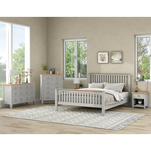 5 Pieces Bedroom Set, Full Size Wood Platform Bed Frame with 2 Nightstands, 6-Drawer Dresser and Chest, Bedroom Furniture Set for Teens Adults, Country Gray with Oak Top Bedroom Sets