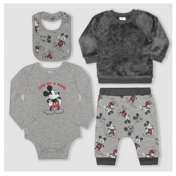 Disney Baby Boys Mickey Mouse Wubby Fleece Top, Pants, Bodysuit and Bib Set