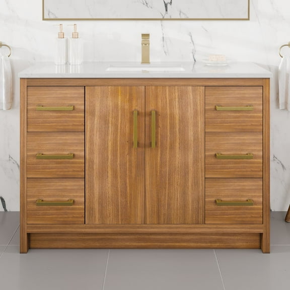 Eviva Curio 48"W x 18"D Walnut Bathroom Vanity with White Carrara Quartz Countertop and Undermount Porcelain Sink