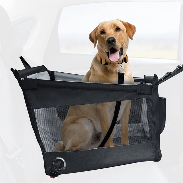 yeacher Portable Car Dog Hammock with Mesh Windows, Foldable Pet Seat Protector for Rear Seats, Breathable & Secure Travel Bed for Small to Medium Dogs, Black