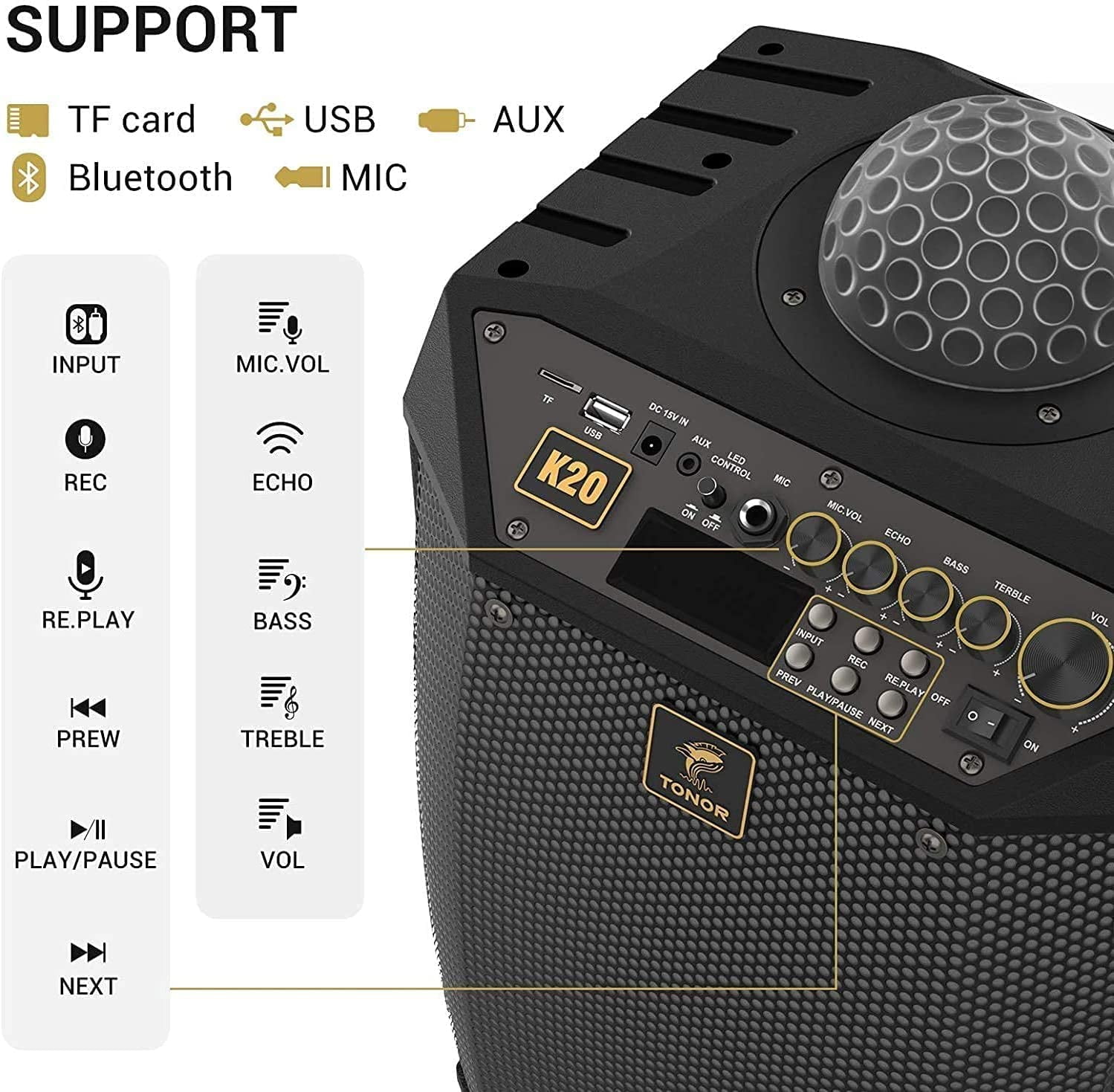 Tonor Portable Bluetooth Wireless Karaoke Machine with 2 Wireless Microphones, Black