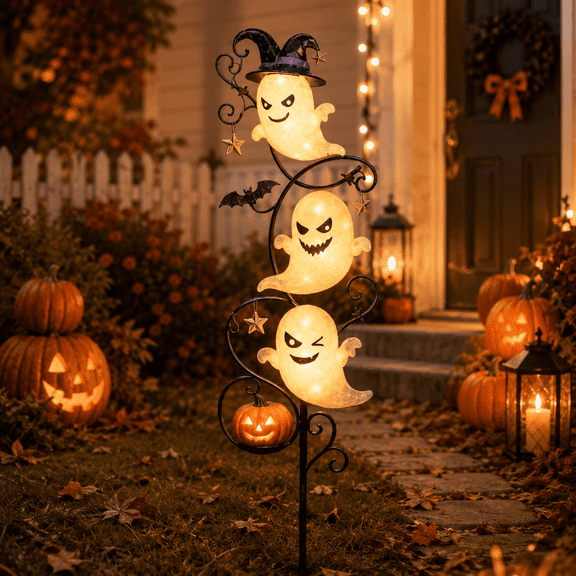 16'' Solar Halloween Ghost & Pumpkin Garden Light, Waterproof LED Moon Stake Decor, Outdoor Yard Light for Patio Lawn Pathway