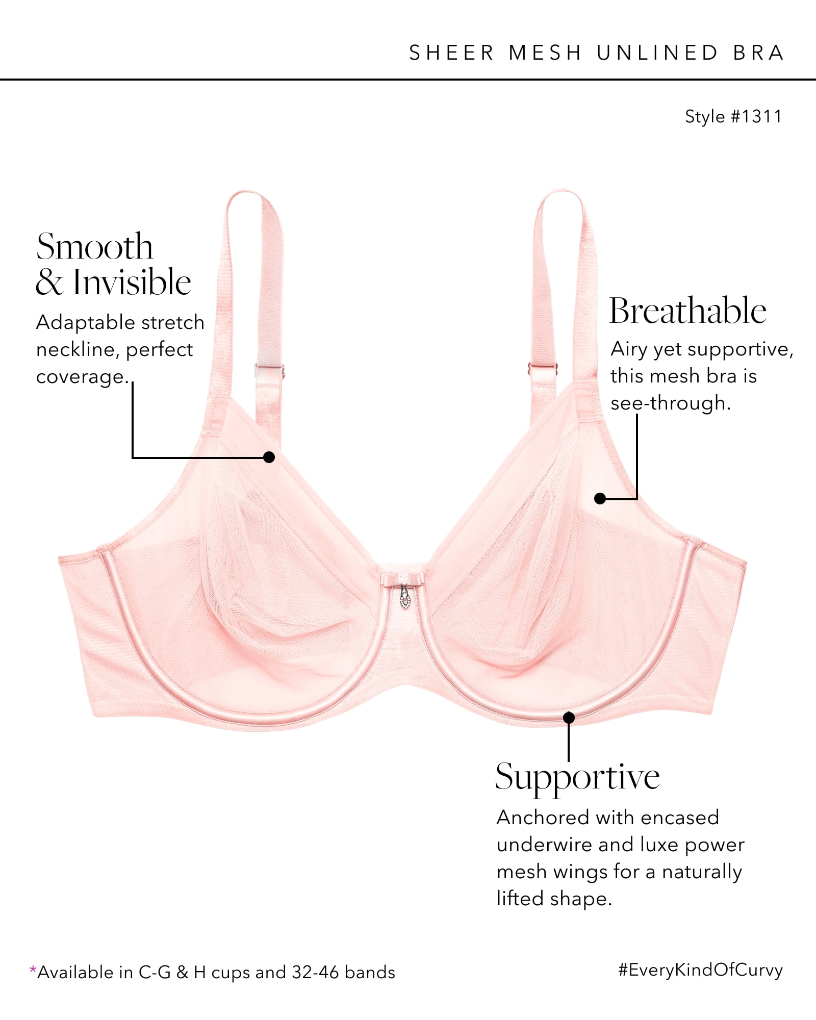 Curvy Couture Women's Plus Size Sheer Mesh Full Coverage Unlined Underwire Bra