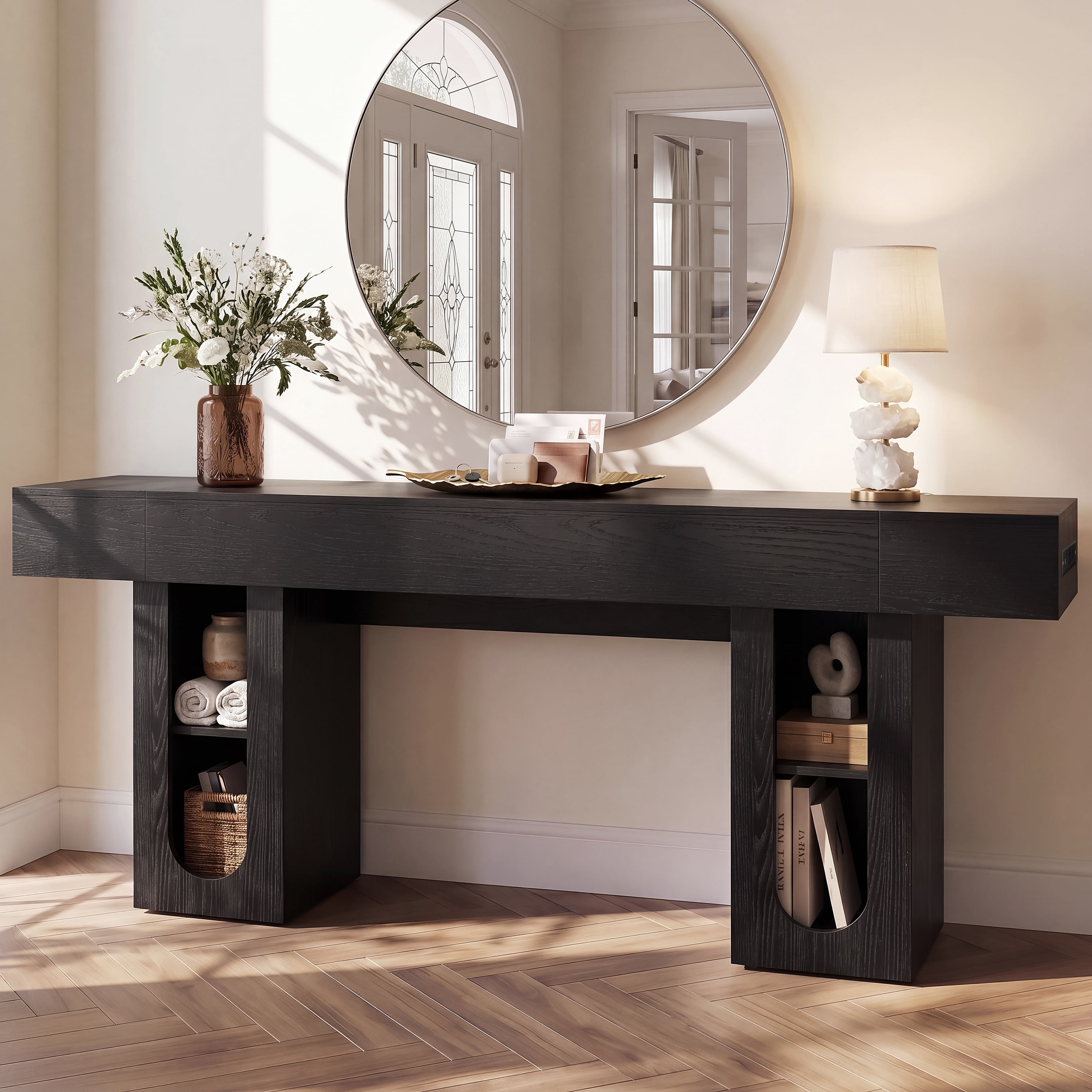 Mintazer 79" Modern U-Shaped Console Table with Charge Station, Entryway Table with Storage Shelves, Sofa Table for Entryway Hallway Living Room, Black
