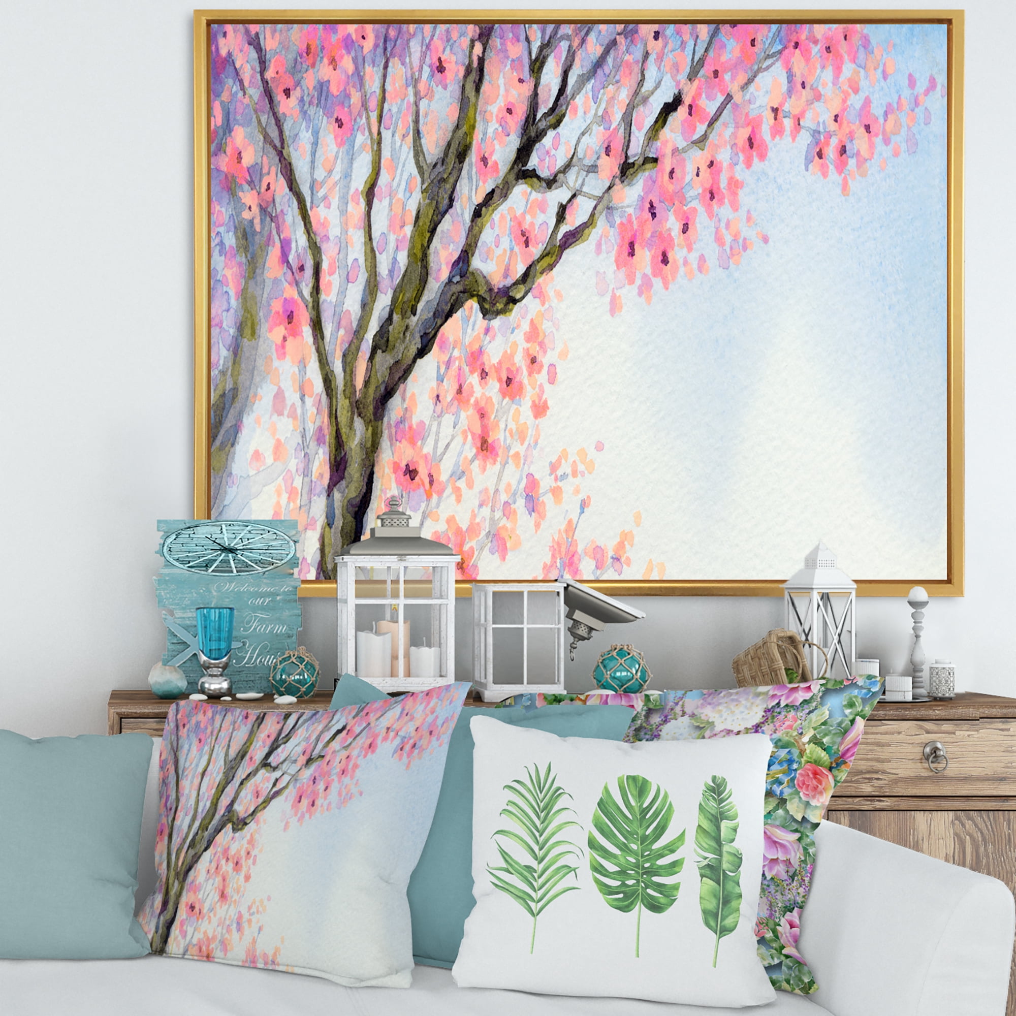 Designart 'Beautiful Pink Bird Sitting On Flowering Branch' Traditional Framed Canvas Wall Art Print