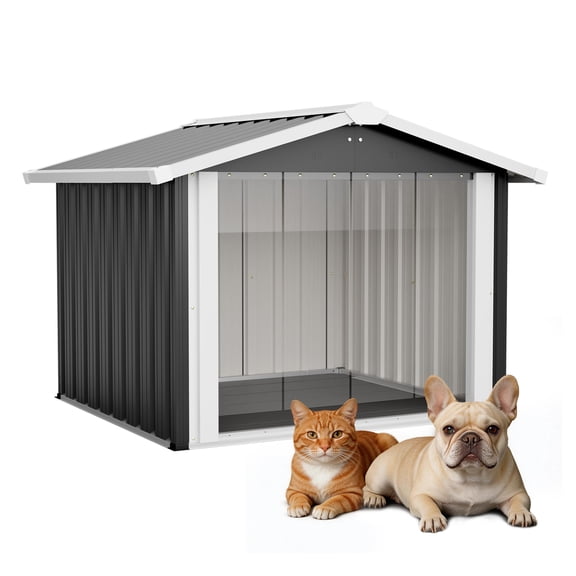 2-in-1 Metal Dog House & Storage Shed,Indoor Outdoor house for Medium Large Dogs, Weatherproof Puppy Shelter,Sturdy Garden Storage for Dog