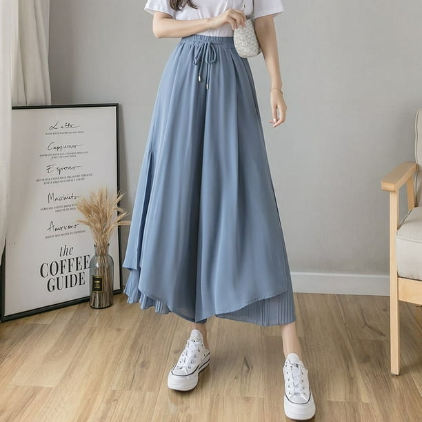 Pantalones de pierna ancha para mujer, culotte de cintura alta de verano, holgados, drapeados, elegantes, con nueve pliegues, pantalones de pierna ancha, falda